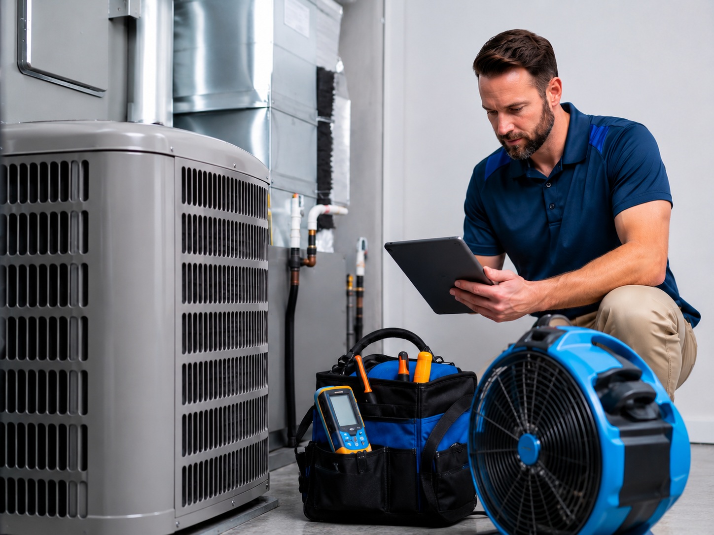 Father and Son Air Conditioning and Duct technician servicing an HVAC system in Orlando
