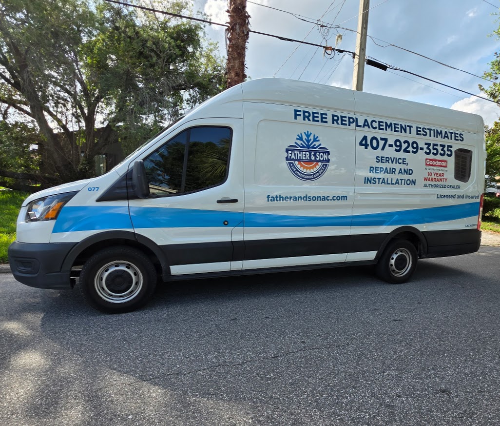 Father and Son Air Conditioning and Duct service van - free replacement estimates, service, repair and installation